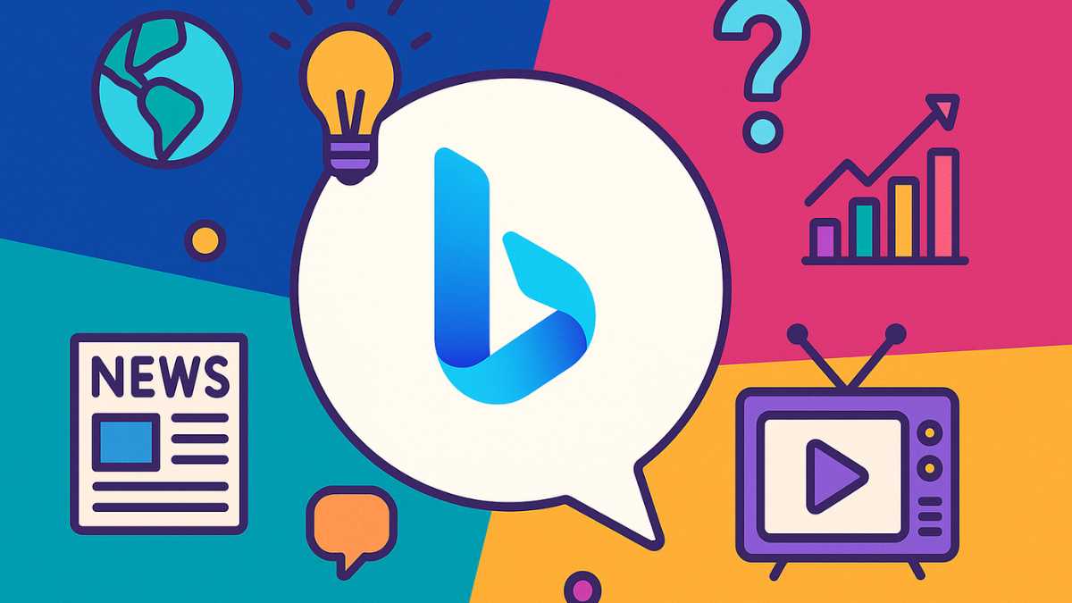 Vibrant illustration representing the Bing News Quiz with global news, trivia icons, and colorful background.