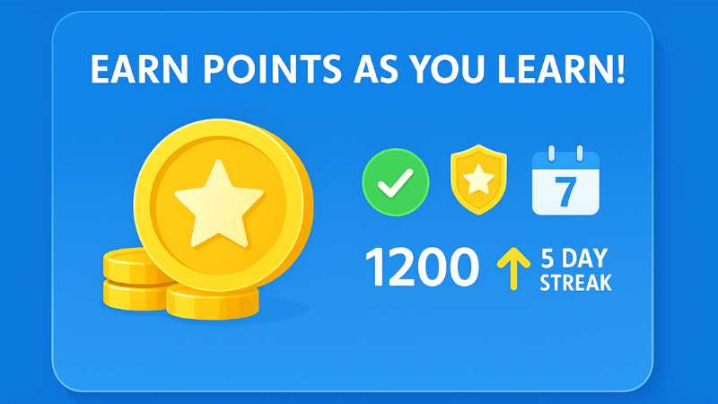 Reward-themed digital graphic showing golden star coins, achievement icons, and a streak counter with “Earn Points As You Learn!” headline.