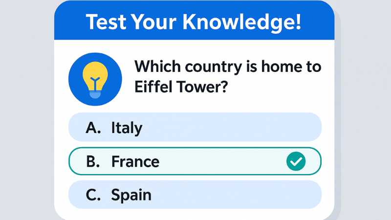 Digital quiz card asking which country is home to the Eiffel Tower with blue multiple-choice design