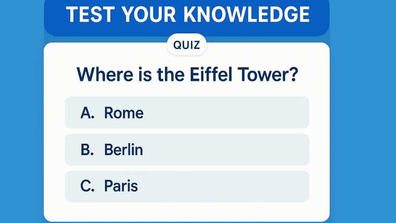 Clean minimal quiz interface asking where the Eiffel Tower is with three rectangular answer buttons